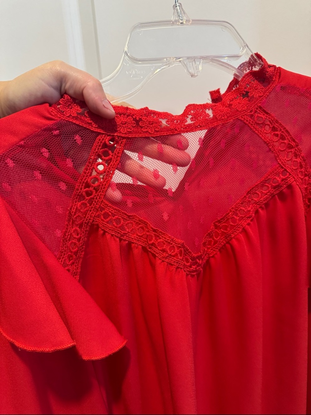 Red Front Lace Ruffle Long-Sleeve Women's Office Work Top - Picture 4 of 6